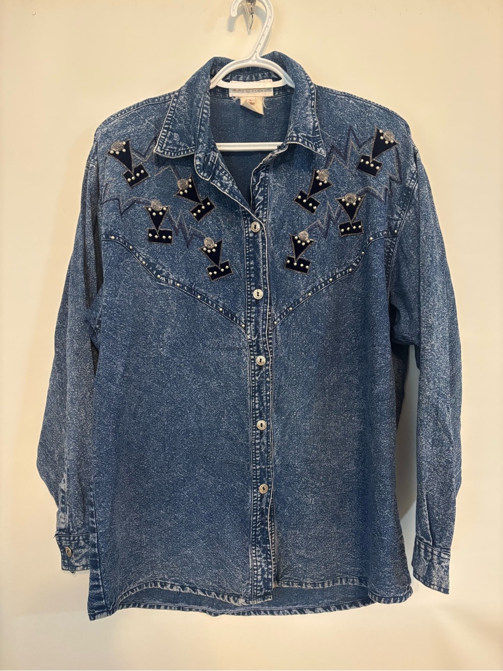 Vintage Studded Denim Button-Down Shirt - Blue